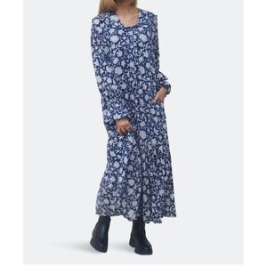 Ophelia & Indigo Navy Floral‎ Ruffle Collar Tiered Boho Maxi Dress WM Medium EUC